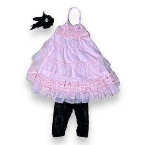 Kate Mack costume ruffled dress with black lace leggings & feather headpiece